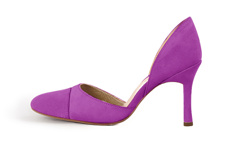 Mauve purple women's open arch dress pumps. Round toe. Very high slim heel. Profile view - Florence KOOIJMAN